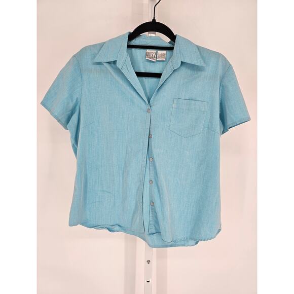 Quizz Womens Sz L Short Sleeve Button Up Blouse Light Blue Vintage - Picture 1 of 3